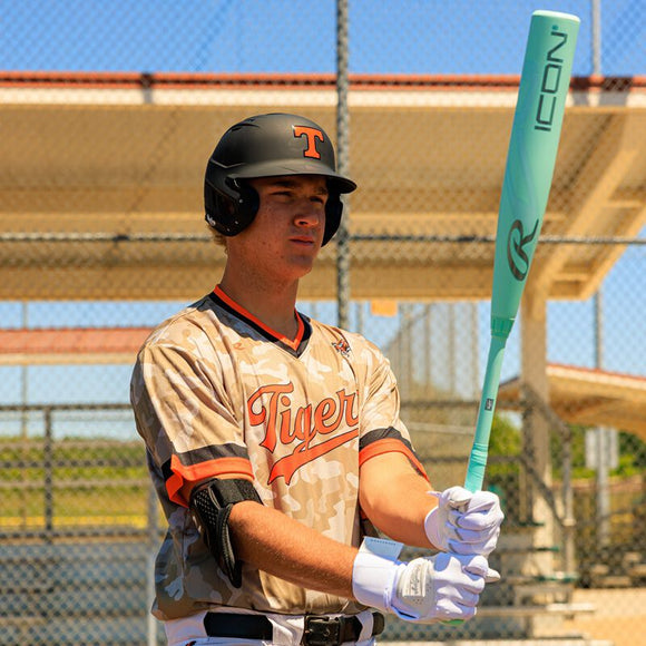 Player preparing to hit with the 2026 Rawlings ICON™ -3 BBCOR Baseball Bat