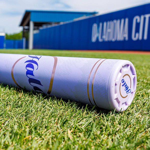 Close-up of the end cap on the 2027 Rawlings Halo Fastpitch Bat