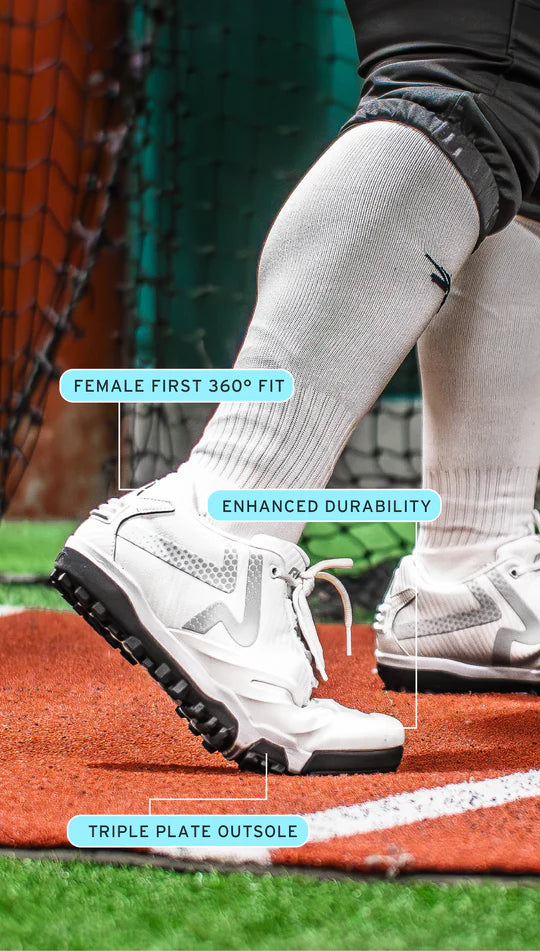 Player wearing the Ringor® Pro 2 Women's Fastpitch Turf Shoe - White