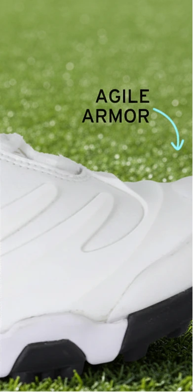 Close-up of the toe protection on top of the Ringor® Pro 2 Women's Fastpitch Turf Shoe - White