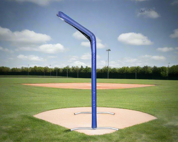 Side view of the Bullet Fastpitch Softball Screen with Overhead Protector (8' x 4') - Royal