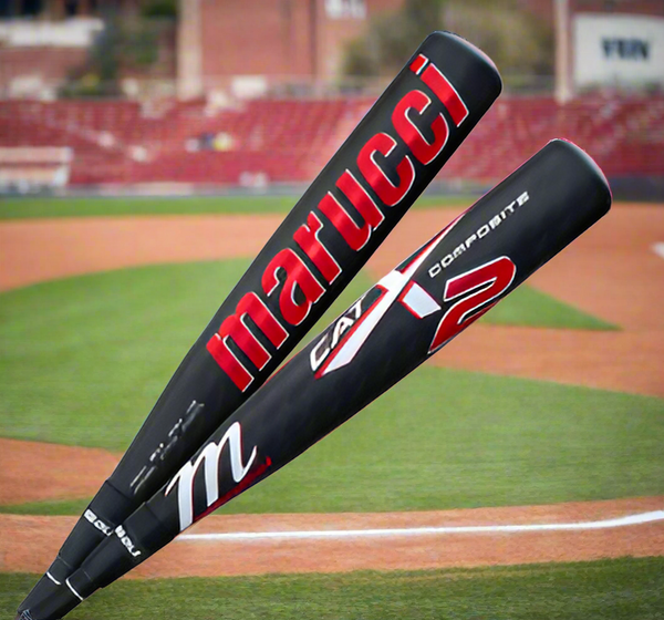 Close-up of the barrel of the Marucci CatX2 Composite -5 Senior League USSSA Big Barrel Baseball Bat