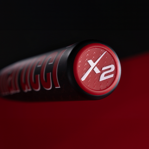 Close-up of the end cap on the Marucci CatX2 Composite -5 Senior League USSSA Big Barrel Baseball Bat