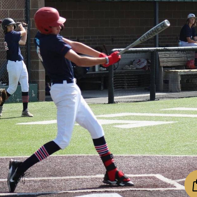 Player batting with the Warstic Workman3 Batting Glove "Red/Black"