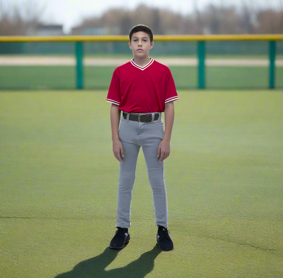 Model wearing the youth Marucci EXCEL Full Length Baseball Pant - Gray