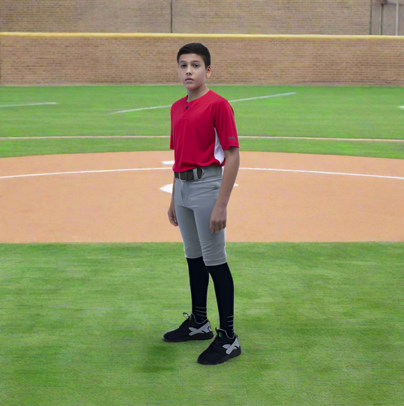 Model wearing the Marucci EXCEL Youth Short Baseball Pant - Gray