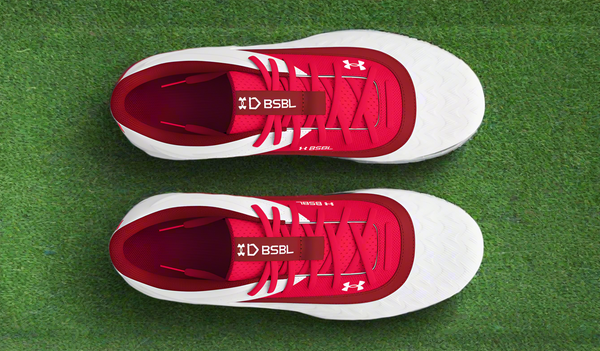 Top view of the Under Armour Leadoff Low RM Jr. 3.0 Youth Molded Cleat - Red/White