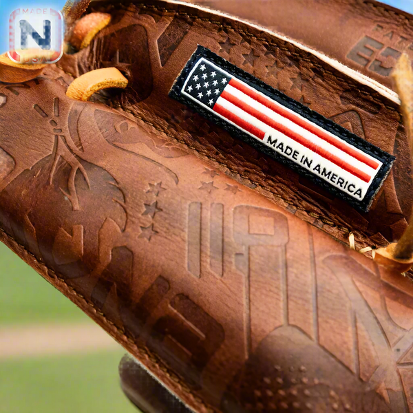 Close-up view of the leather engraving on the Nokona Walnut™ EP 12.5" Closed Web Baseball Glove