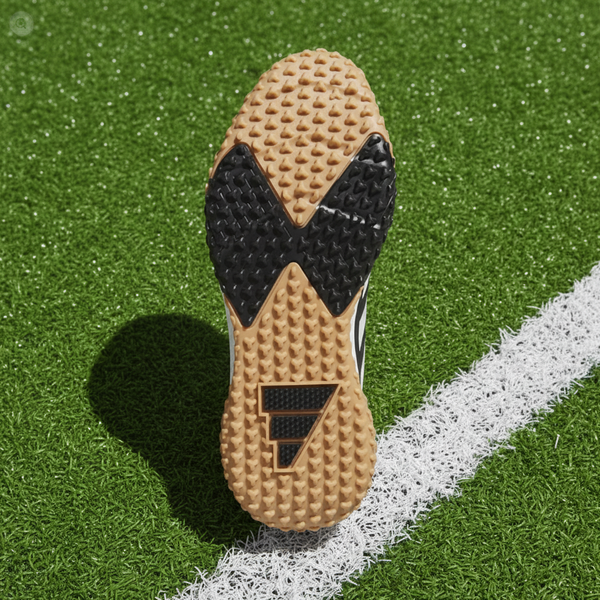 View of the sole of the Adidas Adizero DGT Youth Turf Trainer Shoe - Black/White
