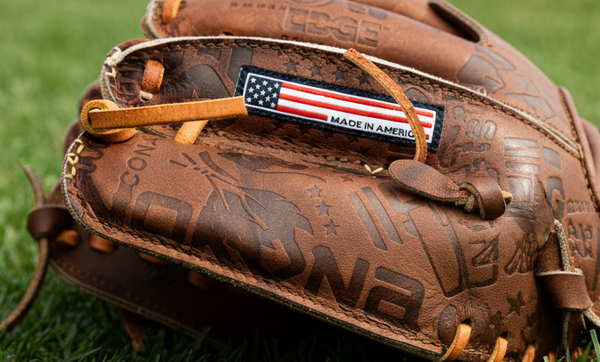 Close-up of the custom stamping along the fingers of the Nokona Walnut Edge™ Precision 11.5" I-Web Baseball Glove