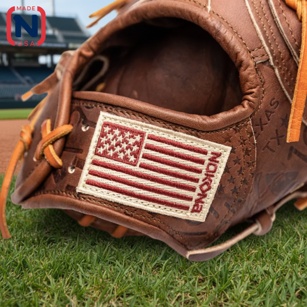 Close-up of the USA flag logo on the wrist of the Nokona Walnut Edge™ Precision 13" Baseball First Base Mitt