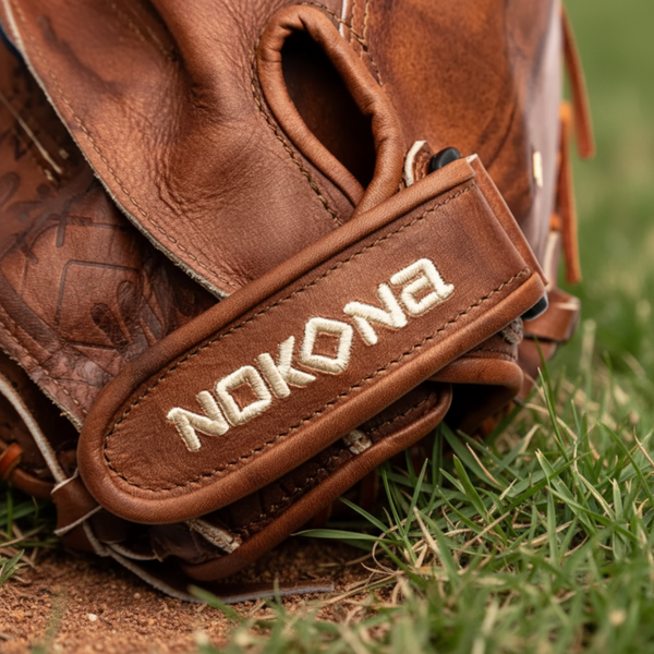 Close-up of the logo and wrist strap on the Nokona Walnut Edge™ Precision 32.5" Fastpitch Catchers Mitt