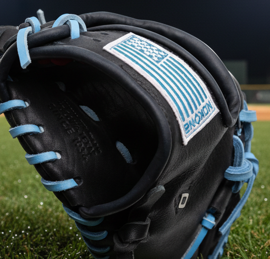 Close-up of the logo on the wrist of the Nokona S1 Edge All American™ 10.5" I-Web Youth Baseball Glove