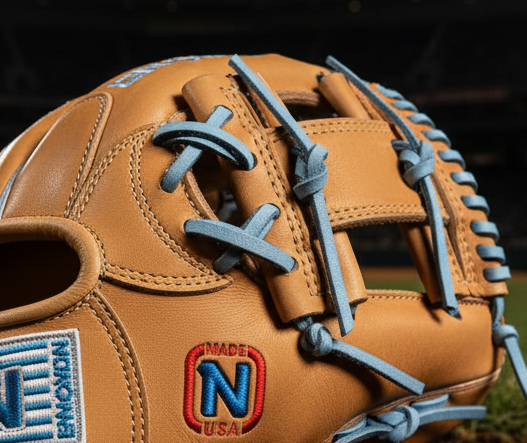 Close-up of the web on the Nokona S1 Edge All American™ 10.5" I-Web Youth Baseball Glove - Tan/Columbia
