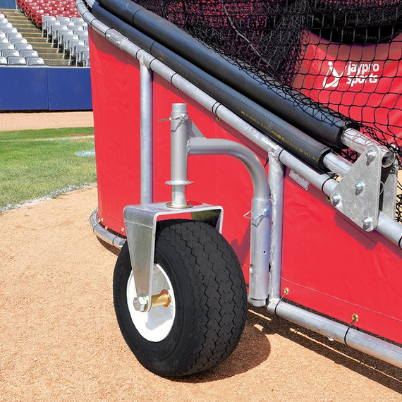 Close-up view of the tires on the Bomber Elite Rolling Batting Cage