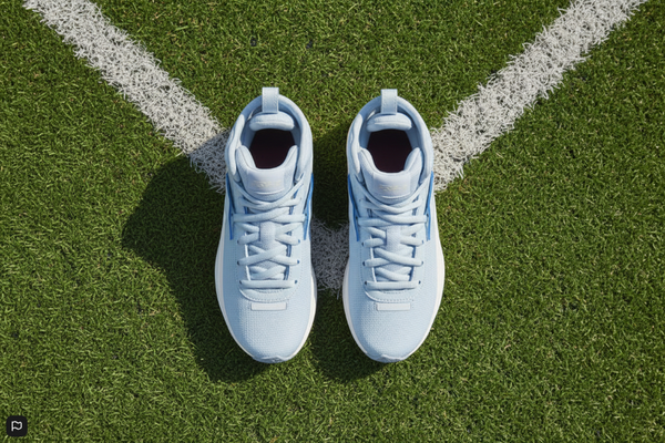 Top view of the Under Armour Youth Harper 10 RM Jr. Baseball Cleats - Blue Calm/Stone