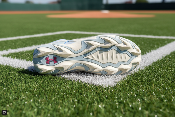 View of the sole of the Under Armour Youth Harper 10 RM Jr. Baseball Cleats - Blue Calm/Stone