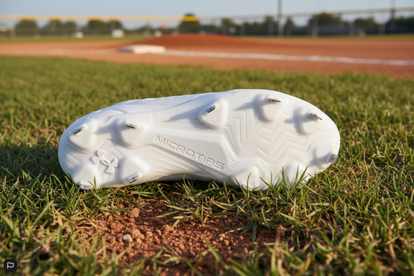 View of the sole on the Under Armour Glyde Sola Pro MT Women's Metal Fastpitch Cleat - White
