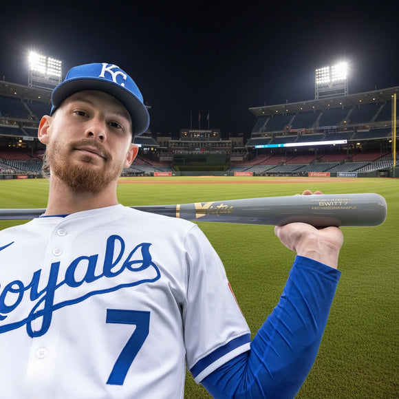 Bobby Witt Jr. holding the Victus Pro Reserve Bobby Witt Jr. BWITT7 Maple Wood Baseball Bat