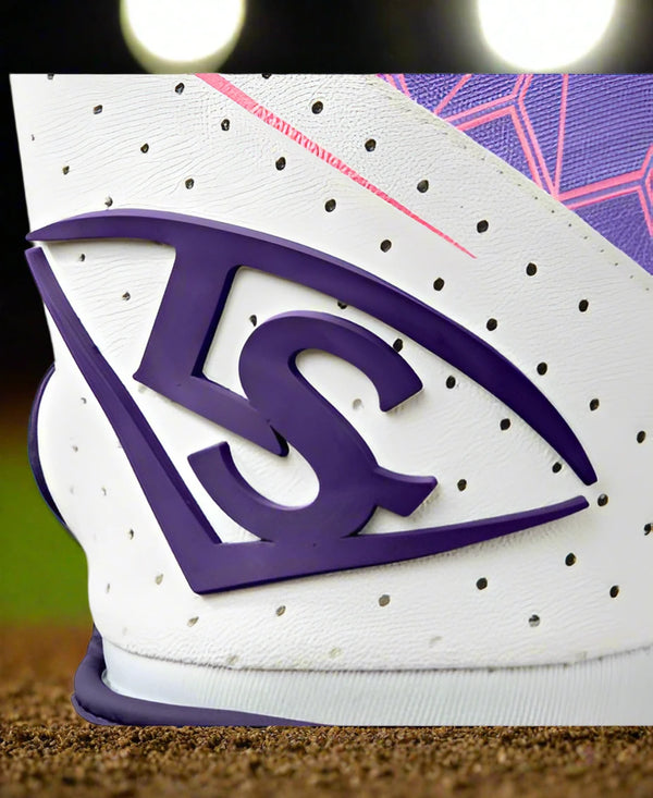 Close-up of the logo on the Louisville Slugger Genuine 2.0 Youth Batting Glove - Purple/Pink