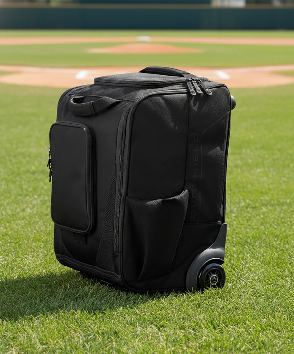 View of the wheel chassis on the Evoshield Takeover Utility Wheeled Bag - Black