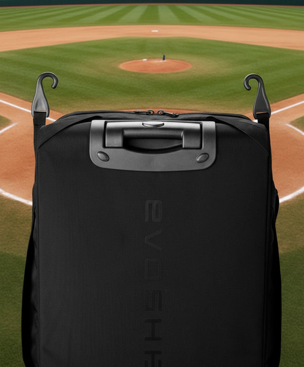 View of the fence hooks on the Evoshield Takeover Utility Wheeled Bag - Black