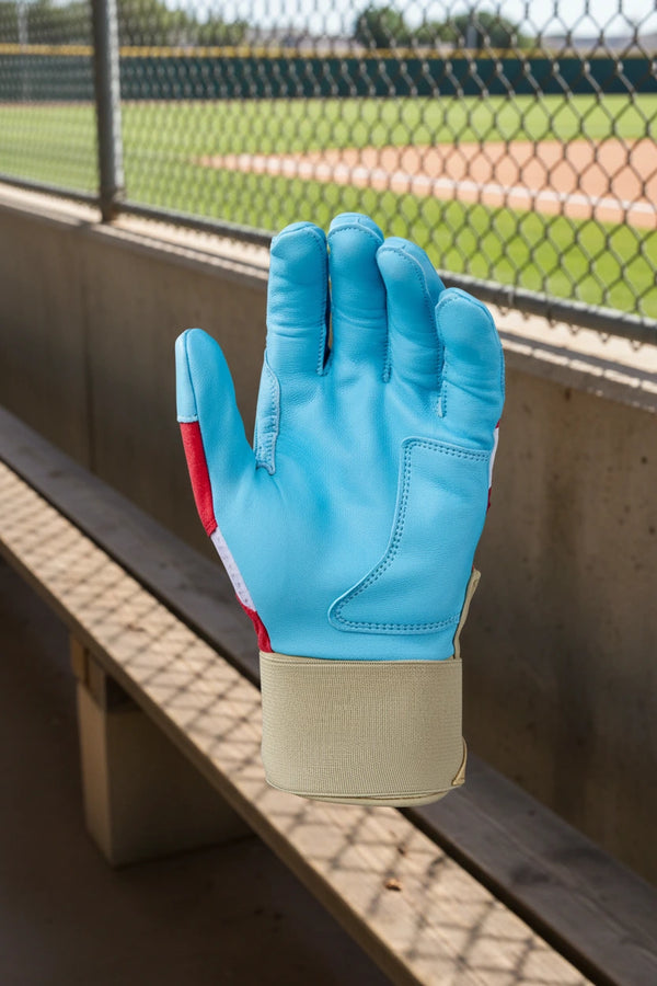 View of the palm of the Evoshield Youth X-SRZ™ Carbyne Batting Glove with Strap - Red/White/Ice