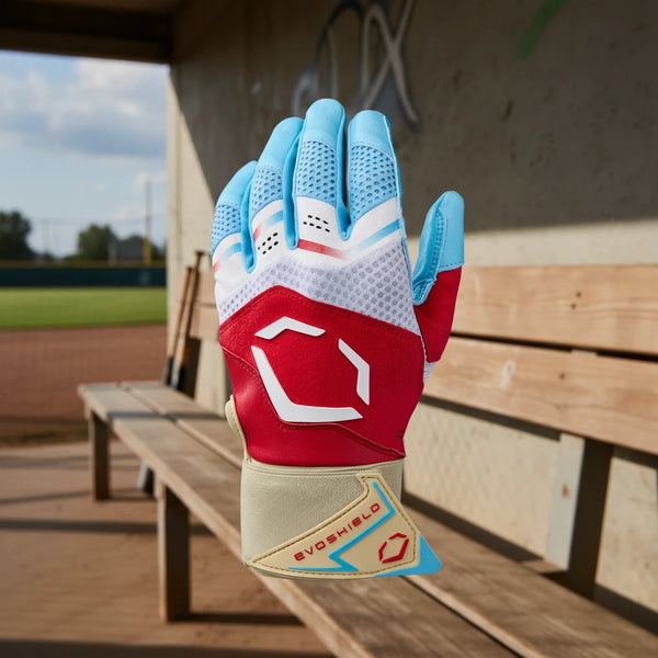 Backhand side view of the Evoshield Youth X-SRZ™ Carbyne Batting Glove with Strap - Red/White/Ice