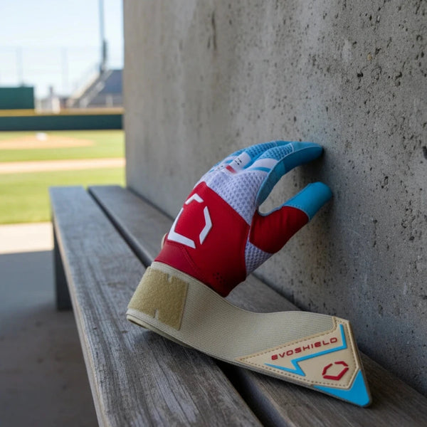 View of the Evoshield Youth X-SRZ™ Carbyne Batting Glove with Strap - Red/White/Ice with the strap extended