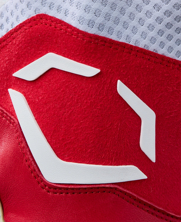 Close-up view of the logo on the Evoshield Youth X-SRZ™ Carbyne Batting Glove with Strap - Red/White/Ice