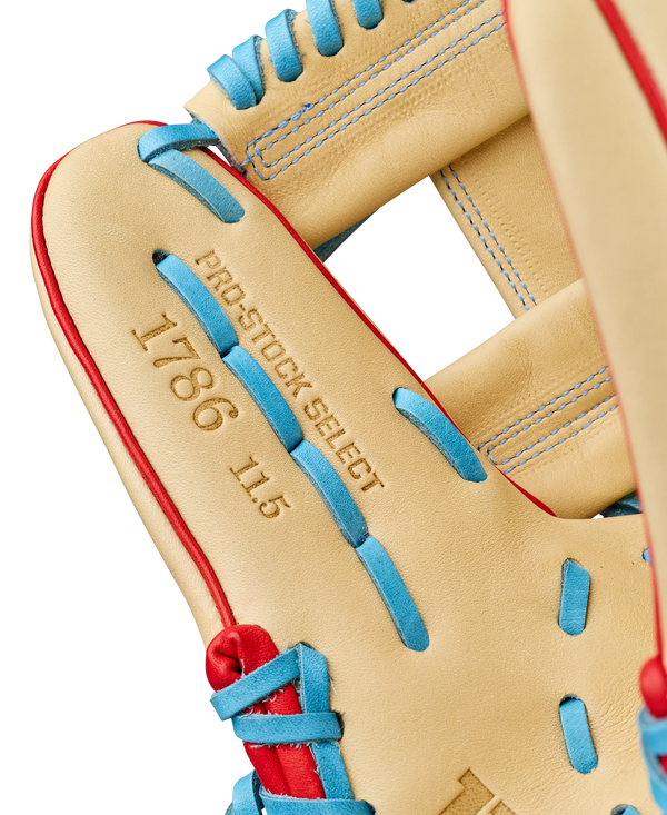 Close-up of the inside of the Wilson 2027 A2K® 1786 11.5" Baseball Glove - Blonde/Sky Blue