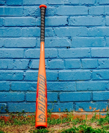 2025 Louisville Slugger Dynasty -3 BBCOR Baseball Bat leaning against a brick wall