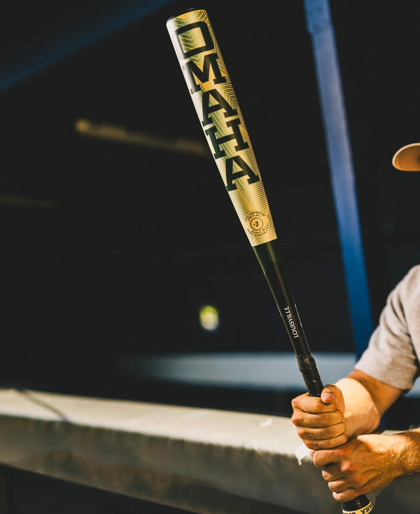 Player preparing to hit with the 2026 Louisville Slugger Omaha -3 BBCOR Baseball Bat