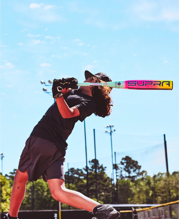Player swinging the 2027 Louisville Slugger Supra™ USSSA Baseball Bat