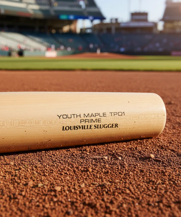 Close-up of the torpedo-barrel end of the Louisville Slugger Youth Prime Natural TPD1 Torpedo-Shaped Baseball Bat