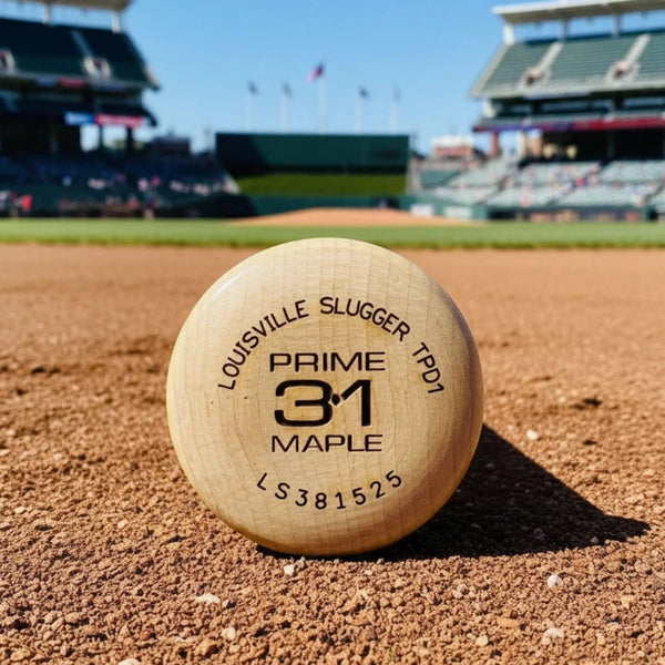 Close-up of the knob on the Louisville Slugger Youth Prime Natural TPD1 Torpedo-Shaped Baseball Bat