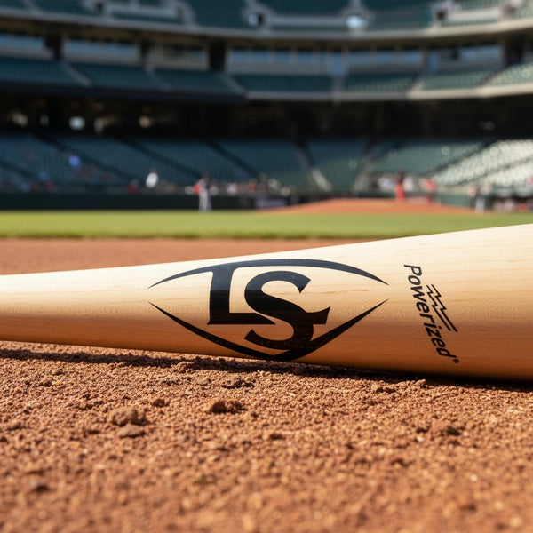 Close-up of the logo on the Louisville Slugger Youth Prime Natural TPD1 Torpedo-Shaped Baseball Bat