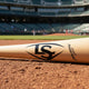 Close-up of the logo on the Louisville Slugger Youth Prime Natural TPD1 Torpedo-Shaped Baseball Bat