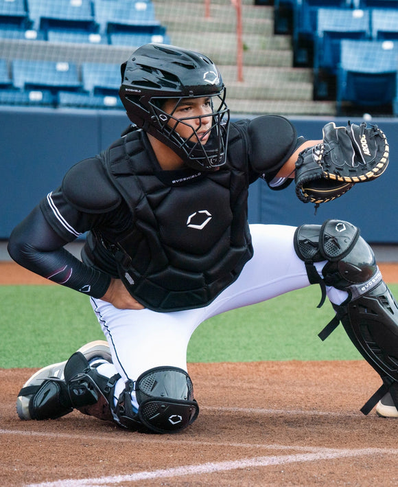 Player wearing the Evoshield SRZ-1™ Baseball Catchers Gear Kit - Black