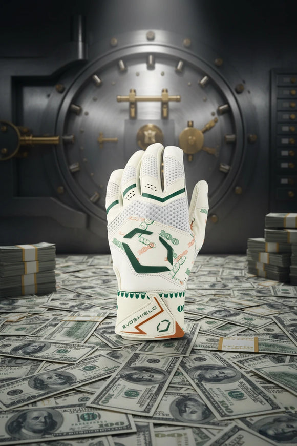 Backhand view of the Evoshield Youth X-SRZ™ Carbyne Batting Glove with Strap - Moneybags