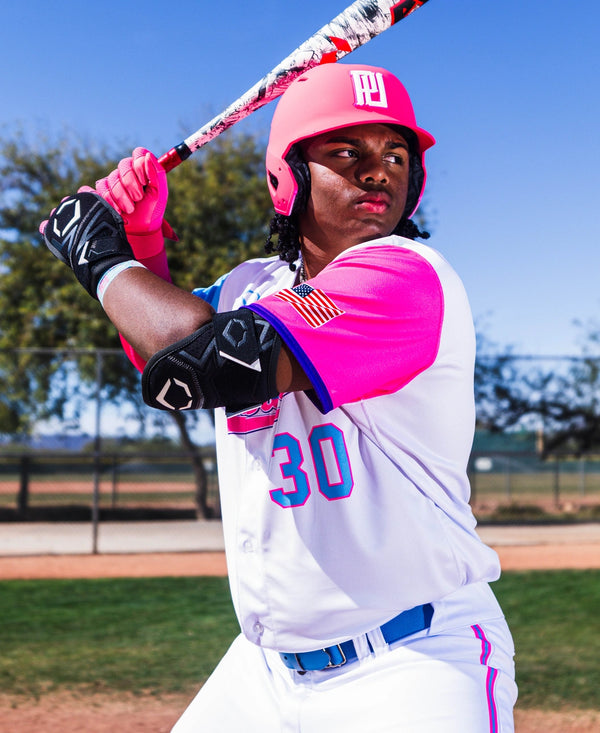 Player at bat wearing the Evoshield Pro-SRZ™ 3.0 Single Strap Batter's Elbow Guard
