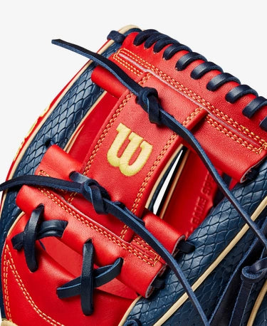 Close-up of Wilson logo on the Wilson A2K 11.5" Ozzie Albies Game Model Baseball Glove