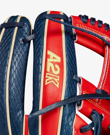 Close-up of A2K logo on the Wilson A2K 11.5" Ozzie Albies Game Model Baseball Glove
