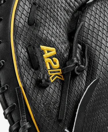 Close-up of the A2K logo on the outside of the Wilson A2K 12.5" José Abreu Game Model Baseball First Base Mitt