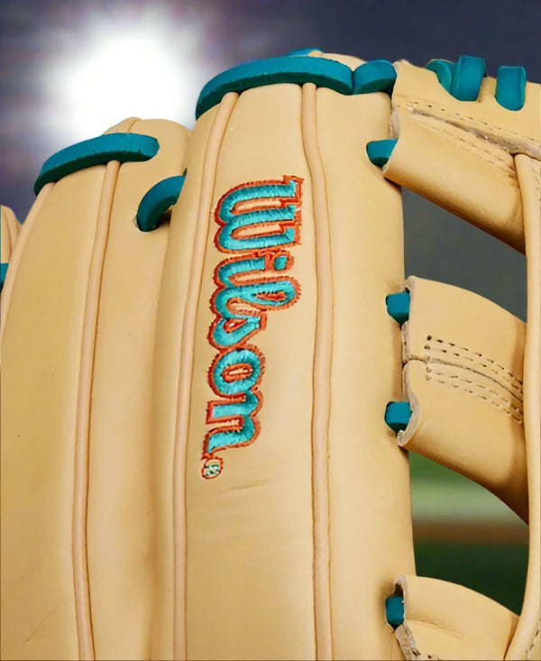 Close-up of the logo on the Wilson Fall 2024 A1000® 12" DW5 Baseball Glove