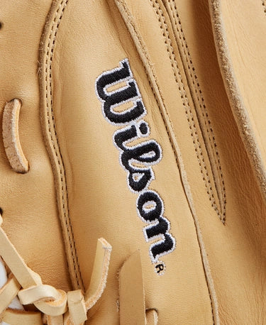 Close-up of the logo on the Wilson Fall 2024 A1000® 33" CM33 Baseball Catchers Mitt