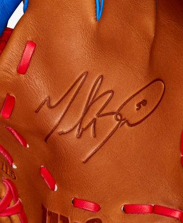 Close-up of the engraved Mookie Betts signature inside the glove