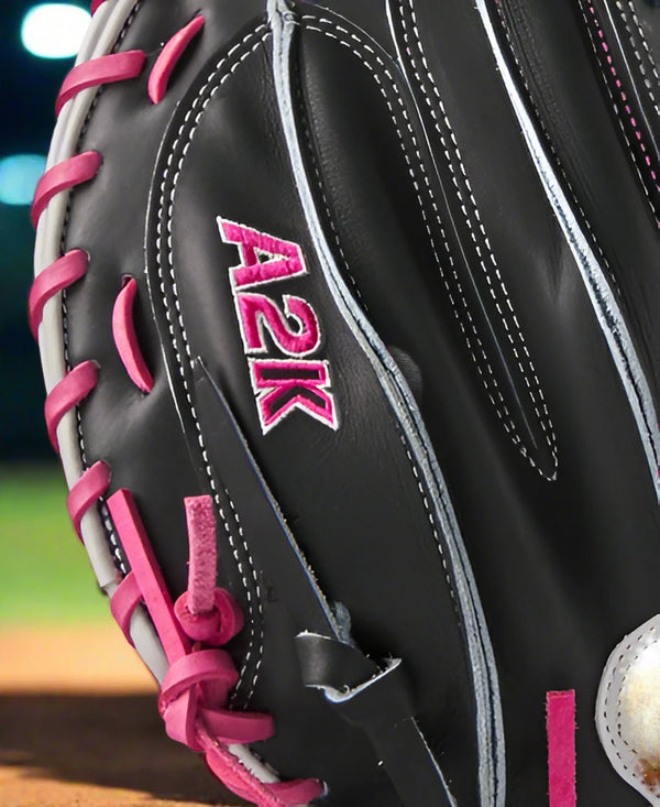 Close-up of the logo on the Wilson Fall 2024 A2K® M23 33.5" Baseball Catcher's Mitt