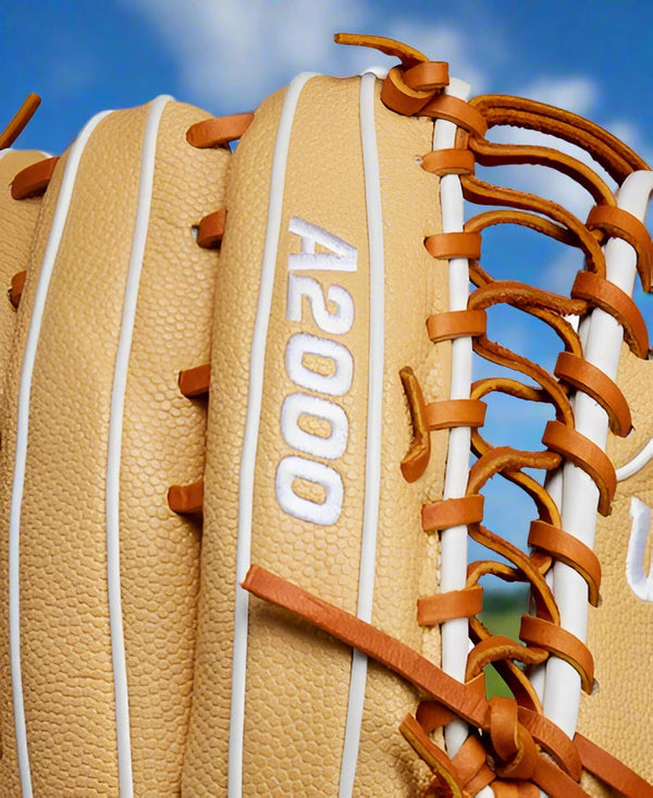 Close up of the logo on the Wilson Fall 2024 Steven Kwan A2000® SK38 GM 12.75” Baseball Glove