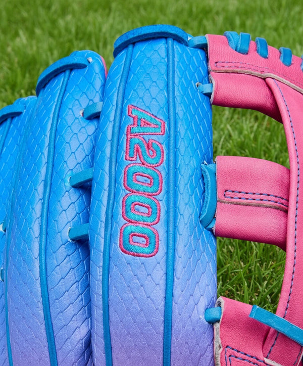 Closeup of the logo on the Wilson A2000® 1777SS Love the Moment™ 12.75" Baseball Glove